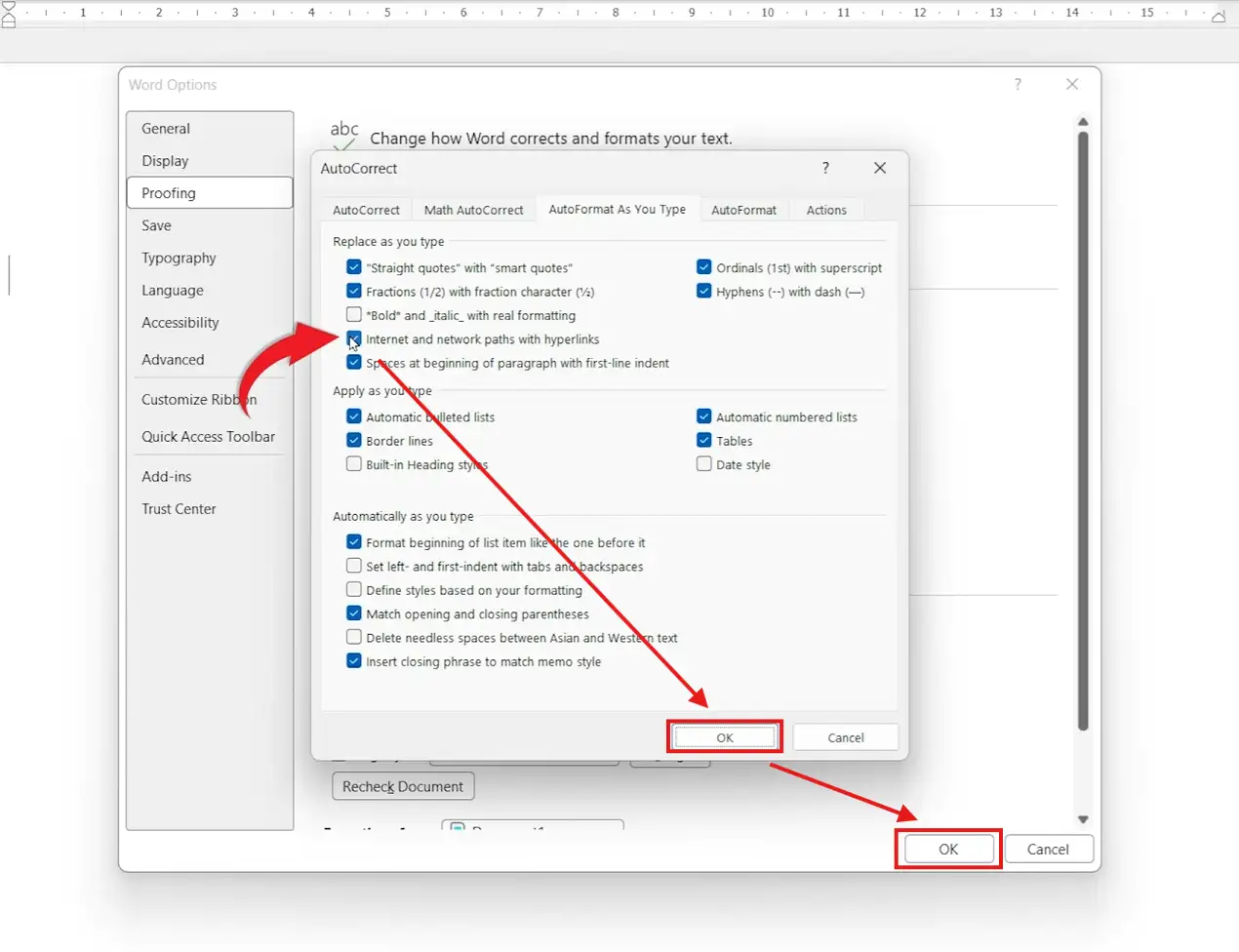 Word AutoCorrect dialog with Internet and network paths with hyperlinks unticked to stop auto-creating hyperlinks in Word