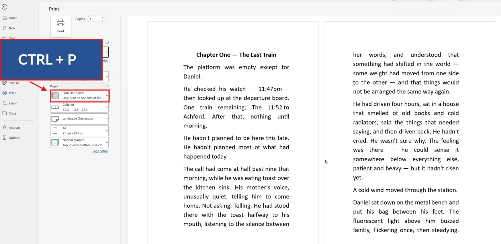 Screenshot showing Microsoft Word print settings with CTRL + P shortcut and booklet print option selected