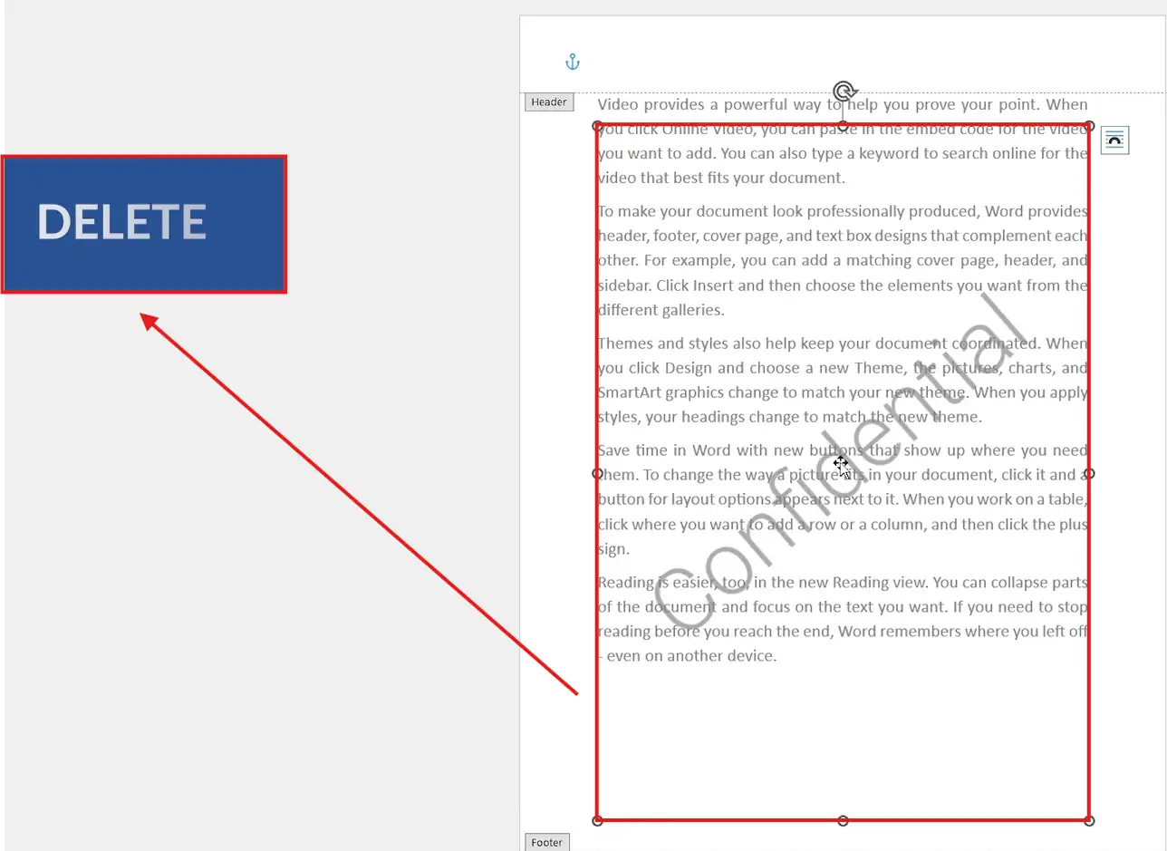 Screenshot showing deleting a confidential watermark in Microsoft Word by selecting and removing the watermark element