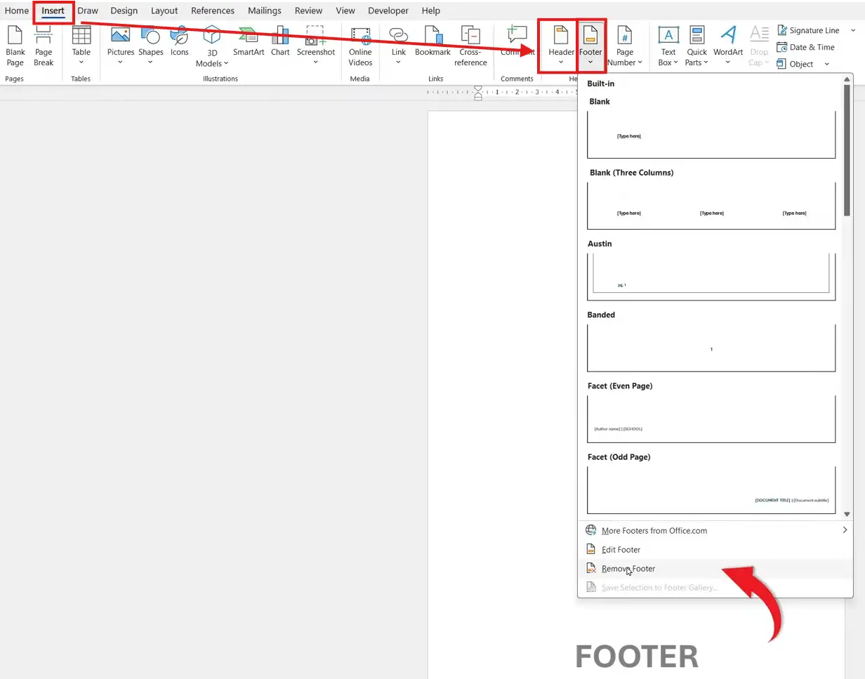Screenshot of Microsoft Word showing the Insert tab with Header and Footer options and the Remove Footer option selected.