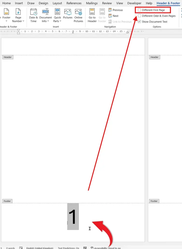 Screenshot of Microsoft Word showing the Header & Footer tab with “Different First Page” option enabled to remove page number from the first page.