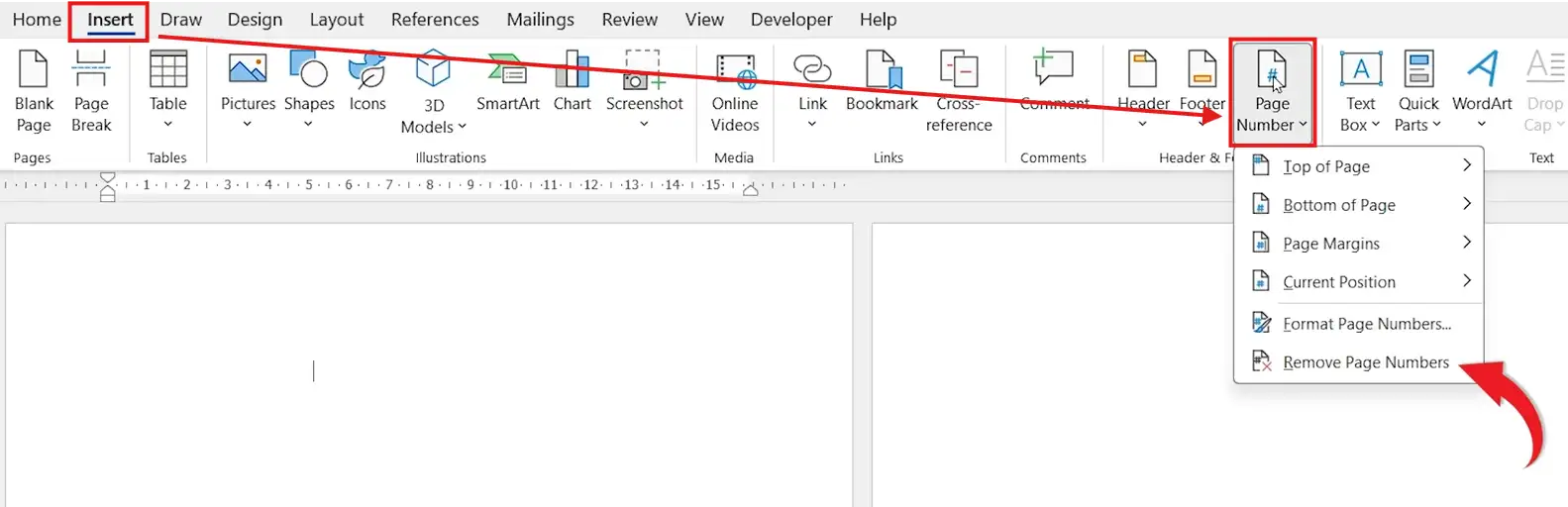 Screenshot of Microsoft Word Insert tab showing Page Number menu with the Remove Page Numbers option selected.