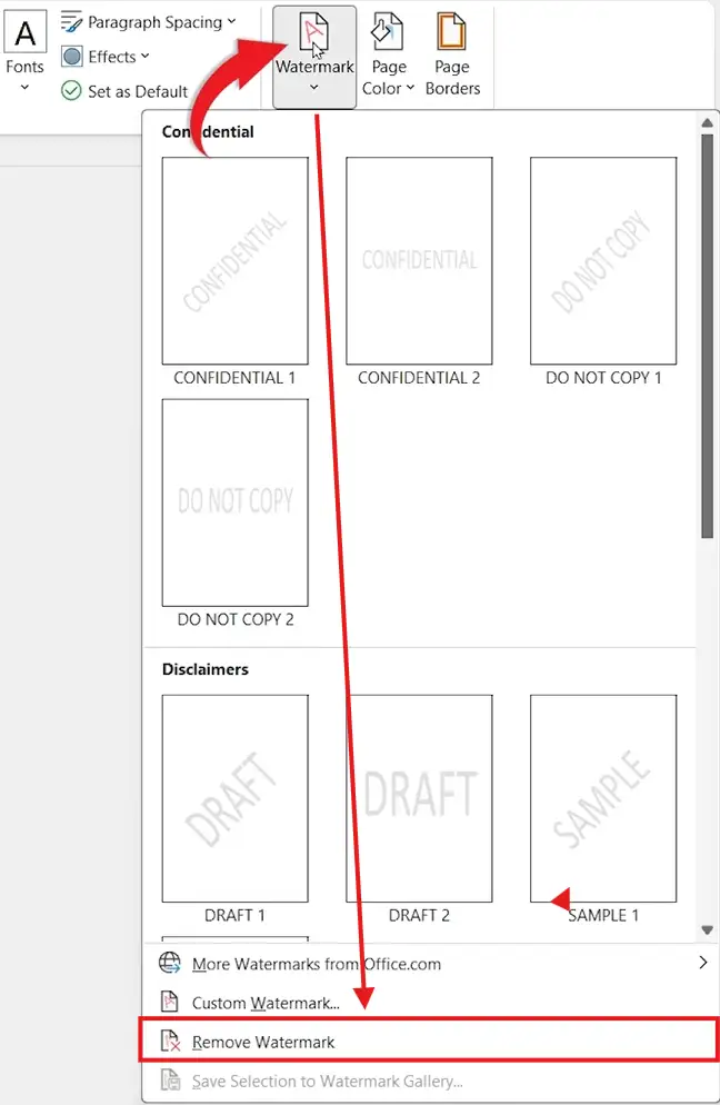 Screenshot showing how to remove a watermark in Microsoft Word using the Design tab and watermark options