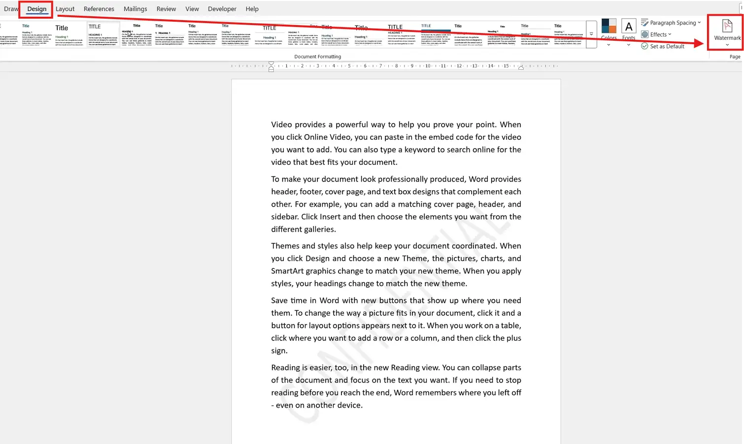 Screenshot of Microsoft Word showing the Design tab and Watermark option to remove a watermark from a document