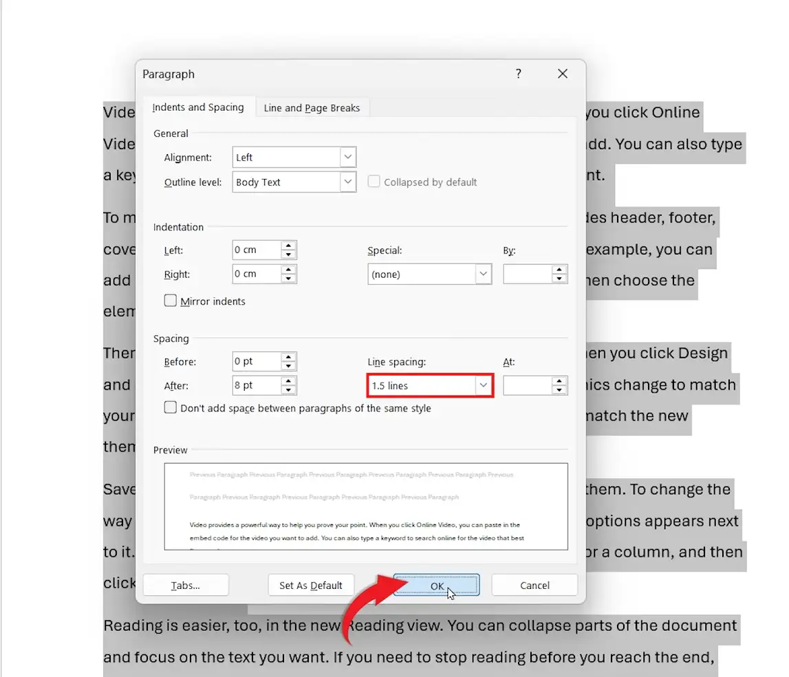 Microsoft Word Paragraph dialog box with Line spacing set to 1.5 lines and OK button highlighted