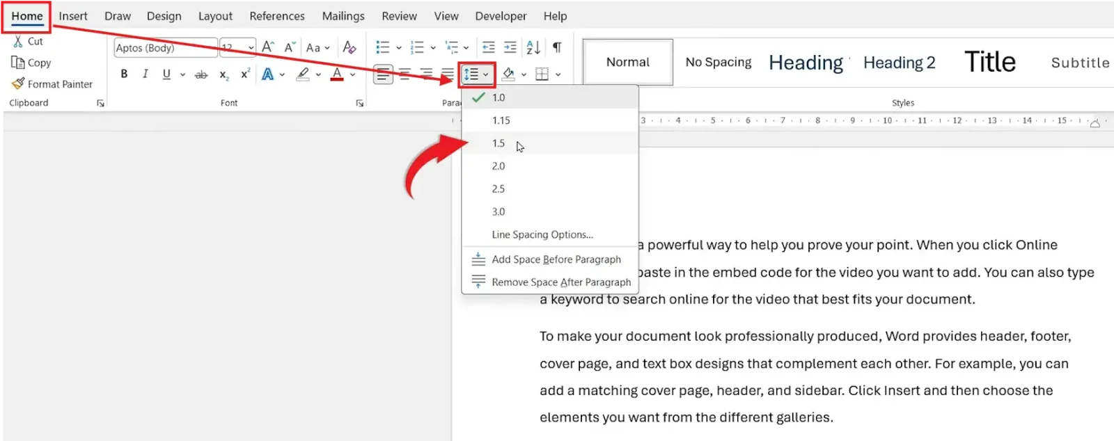 Microsoft Word Home tab showing Line and Paragraph Spacing dropdown with 1.5 selected for 1.5 line spacing in Word