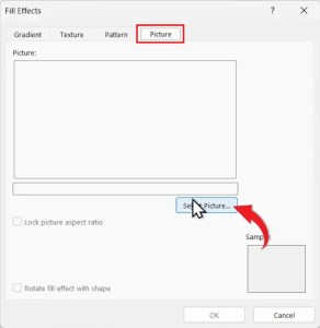 Fill Effects dialog Picture tab with Select Picture button to add a background image in Word.