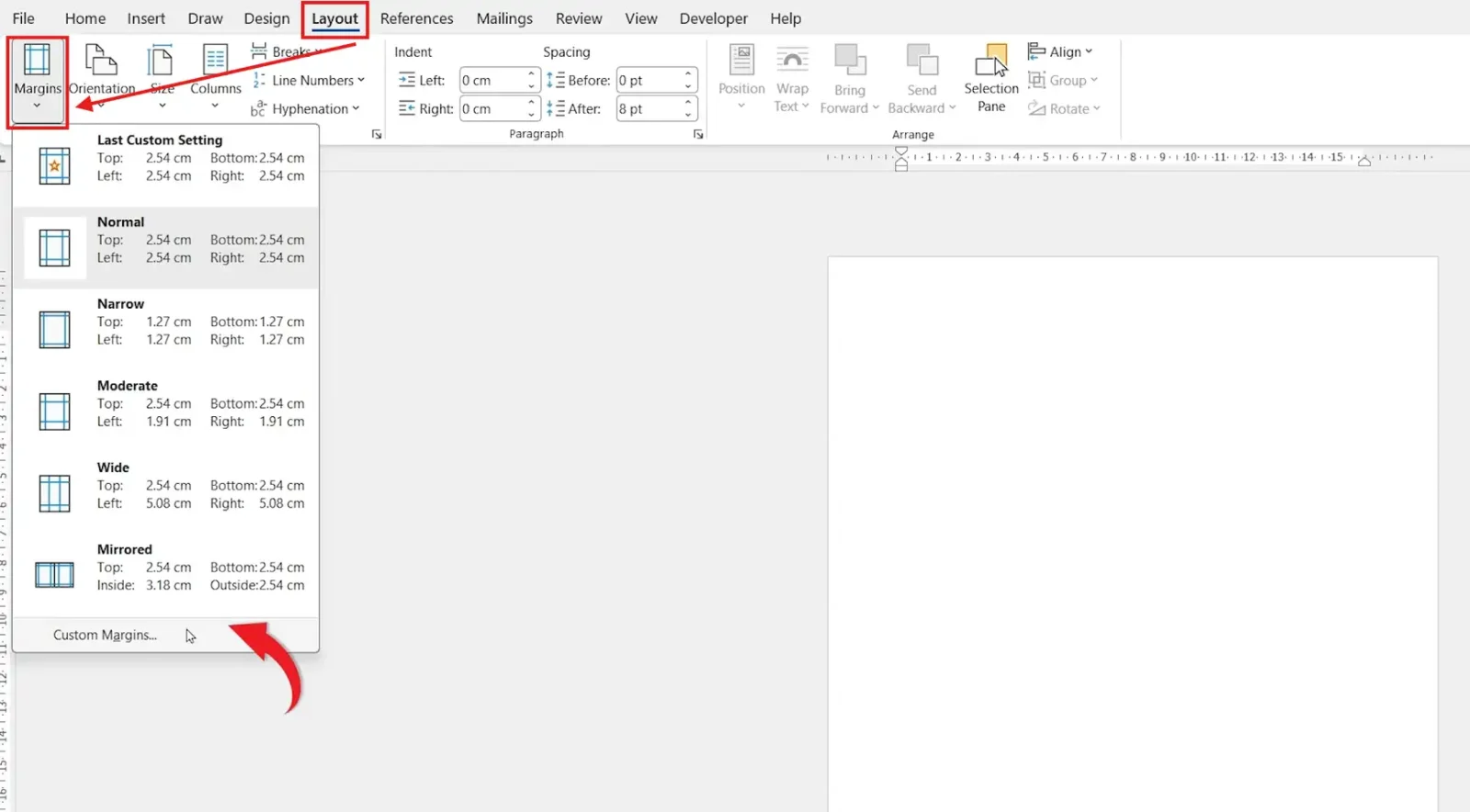 Microsoft Word layout tab showing margin settings dropdown with options like normal, narrow, wide, and custom margins
