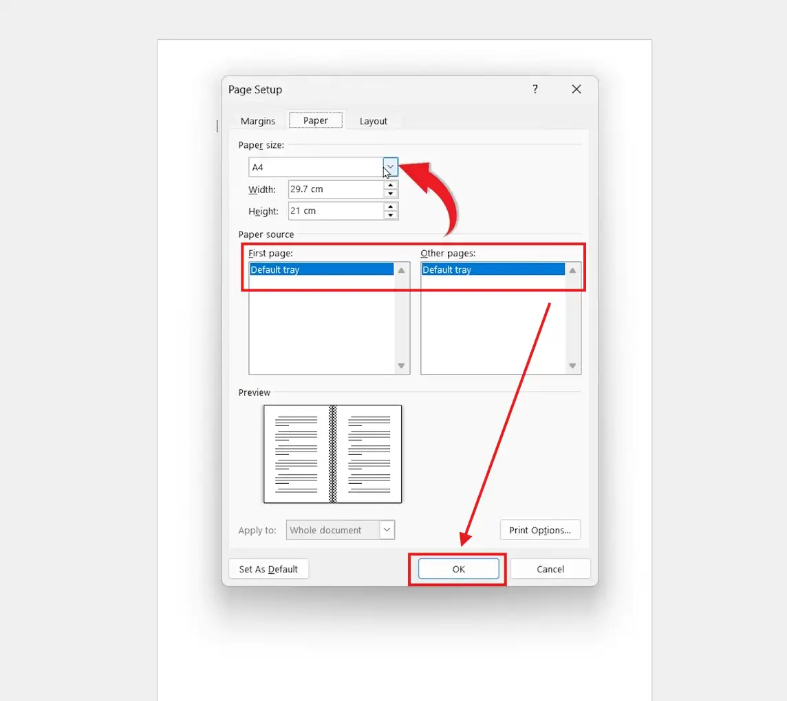 Microsoft Word page setup window showing paper size A4 and default tray settings for booklet printing