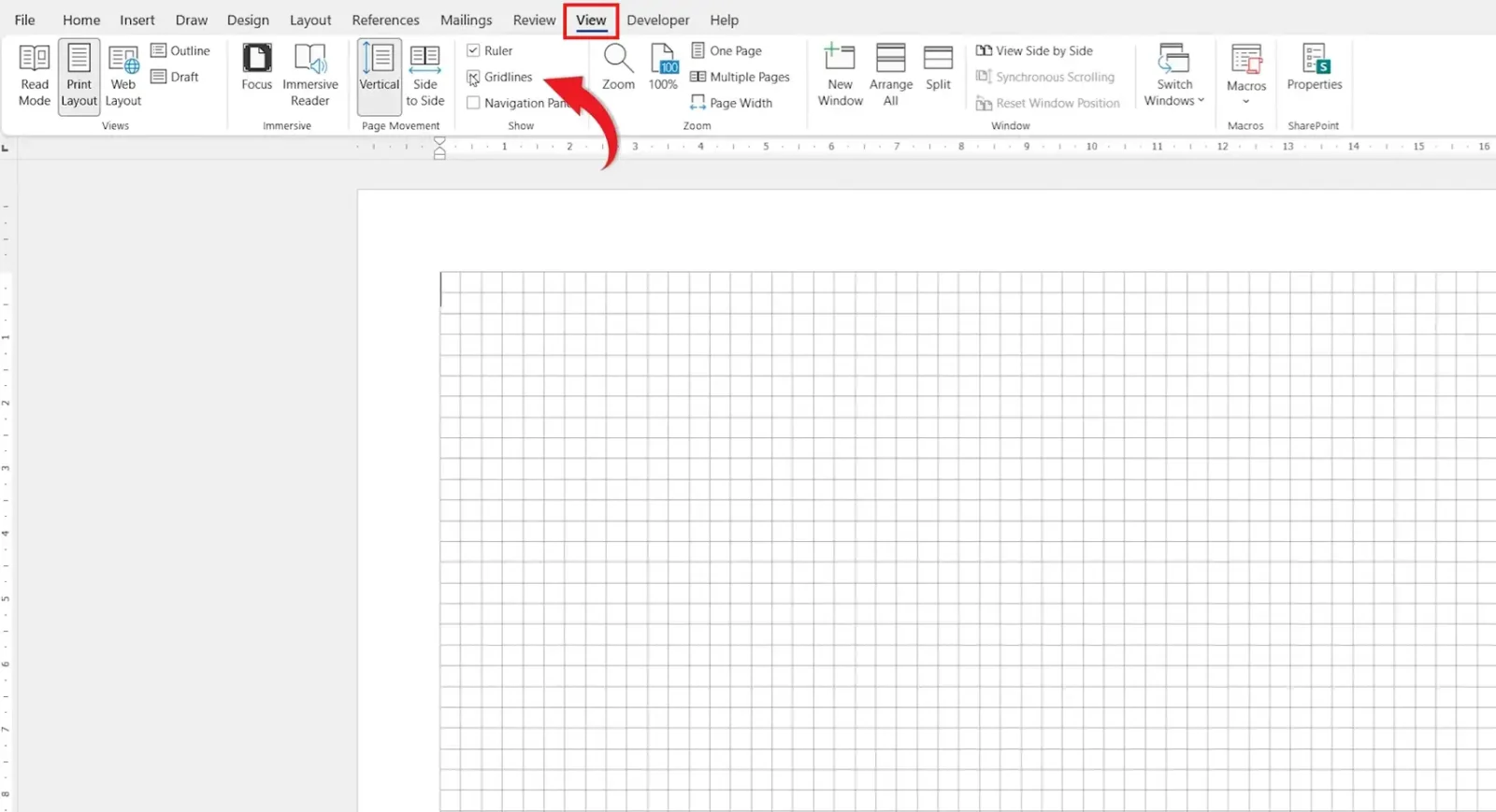 Microsoft Word interface showing gridlines enabled with View tab and Gridlines option highlighted