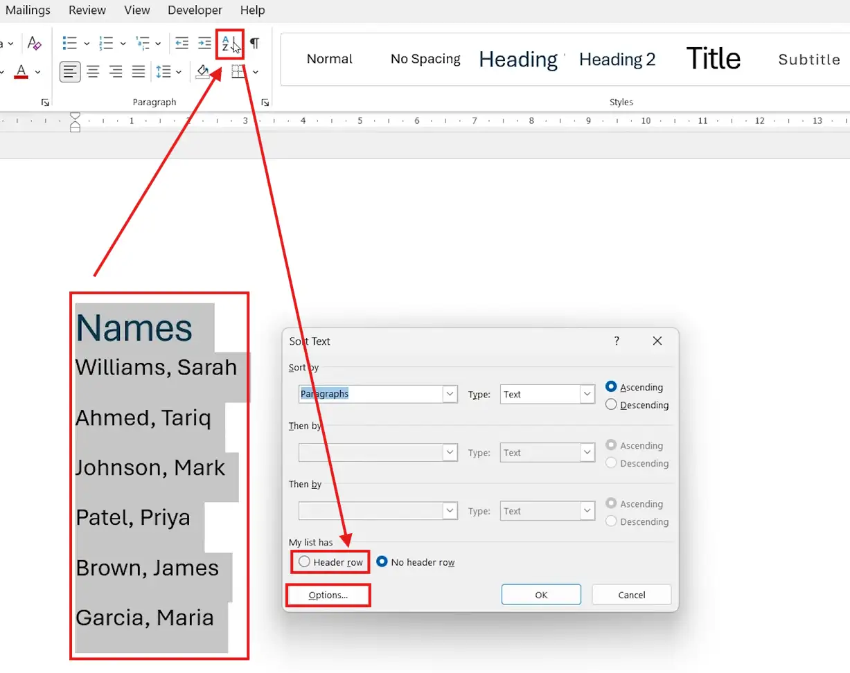 Microsoft Word interface showing how to sort a list of names alphabetically using the Sort Text dialog box with header row option selected