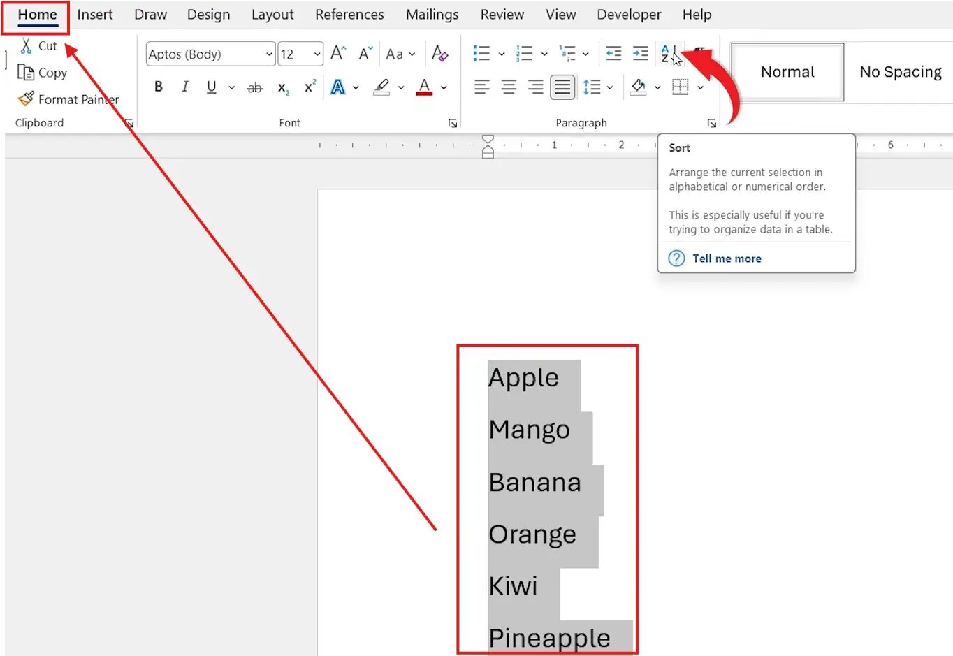 Microsoft Word Home tab showing Sort A to Z feature with highlighted list of fruits being arranged alphabetically