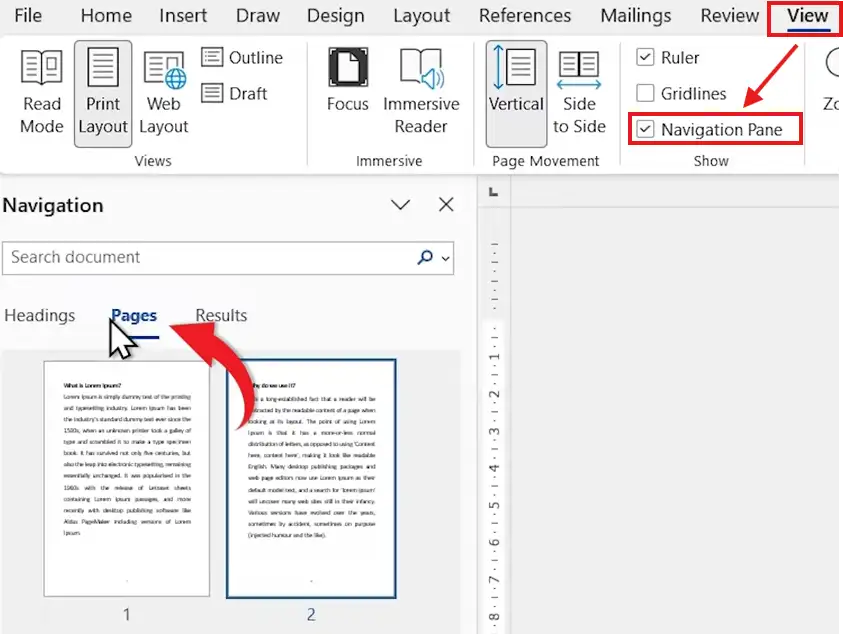 Navigation pane in Microsoft Word showing pages tab and document preview for quick navigation