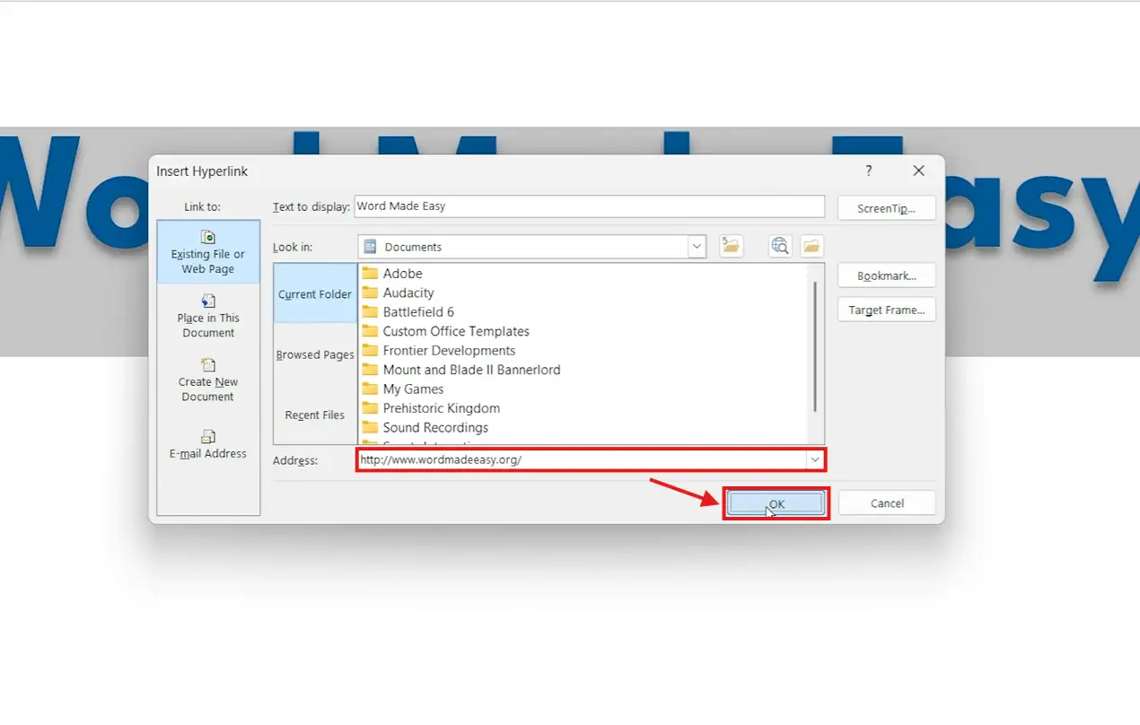 Microsoft Word insert hyperlink dialog box showing URL entry and OK button to add link