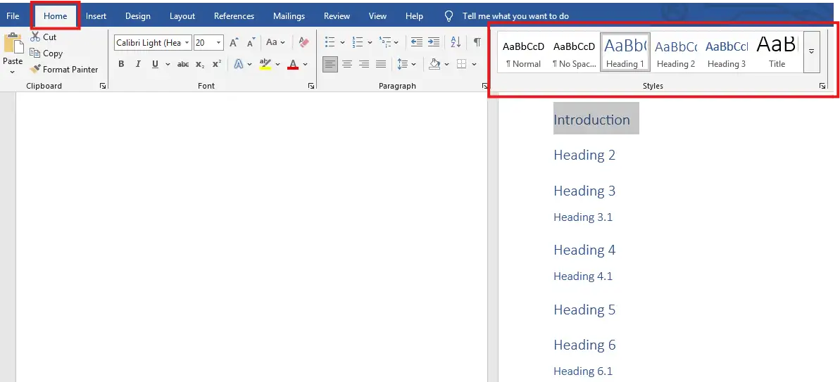 How to create a table of contents in Word using the Styles panel showing Heading 1 and Heading 2 formatting