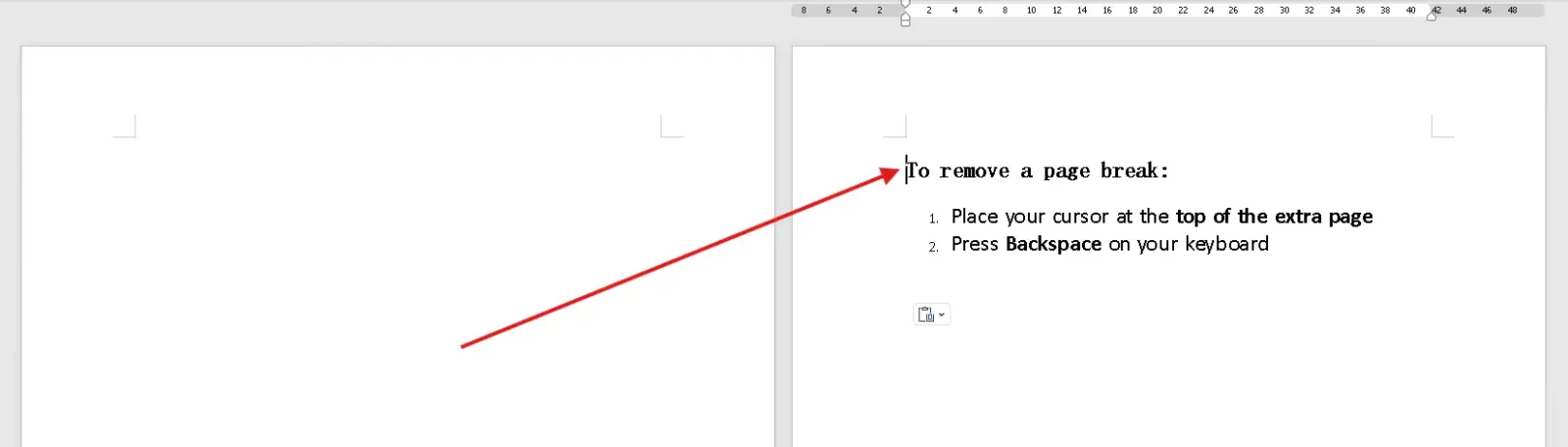 Microsoft Word document showing page break removal steps using backspace to delete extra page