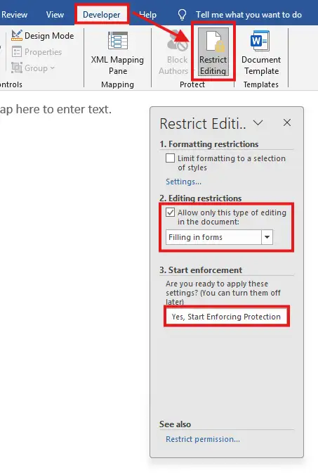 Microsoft Word Developer tab showing Restrict Editing panel with filling in forms option and start enforcing protection