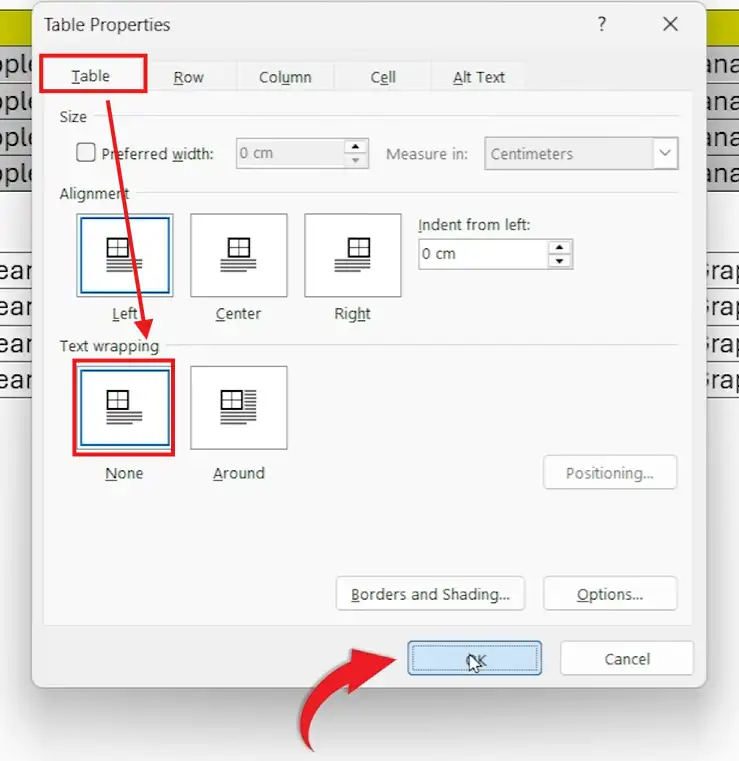 Table properties window in Microsoft Word showing alignment and text wrapping options with none selected