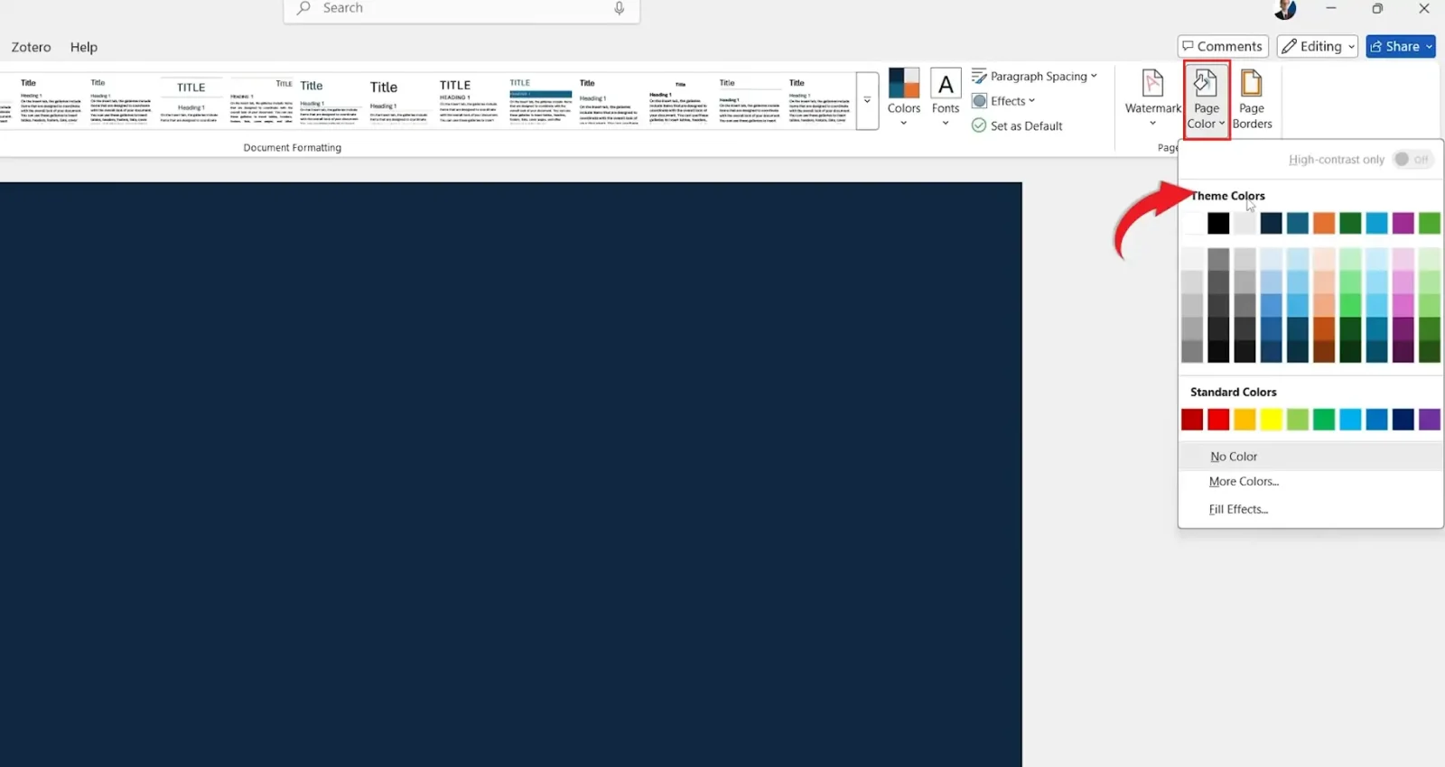 Microsoft Word page color palette open showing background colour options with arrow pointing to color selection menu