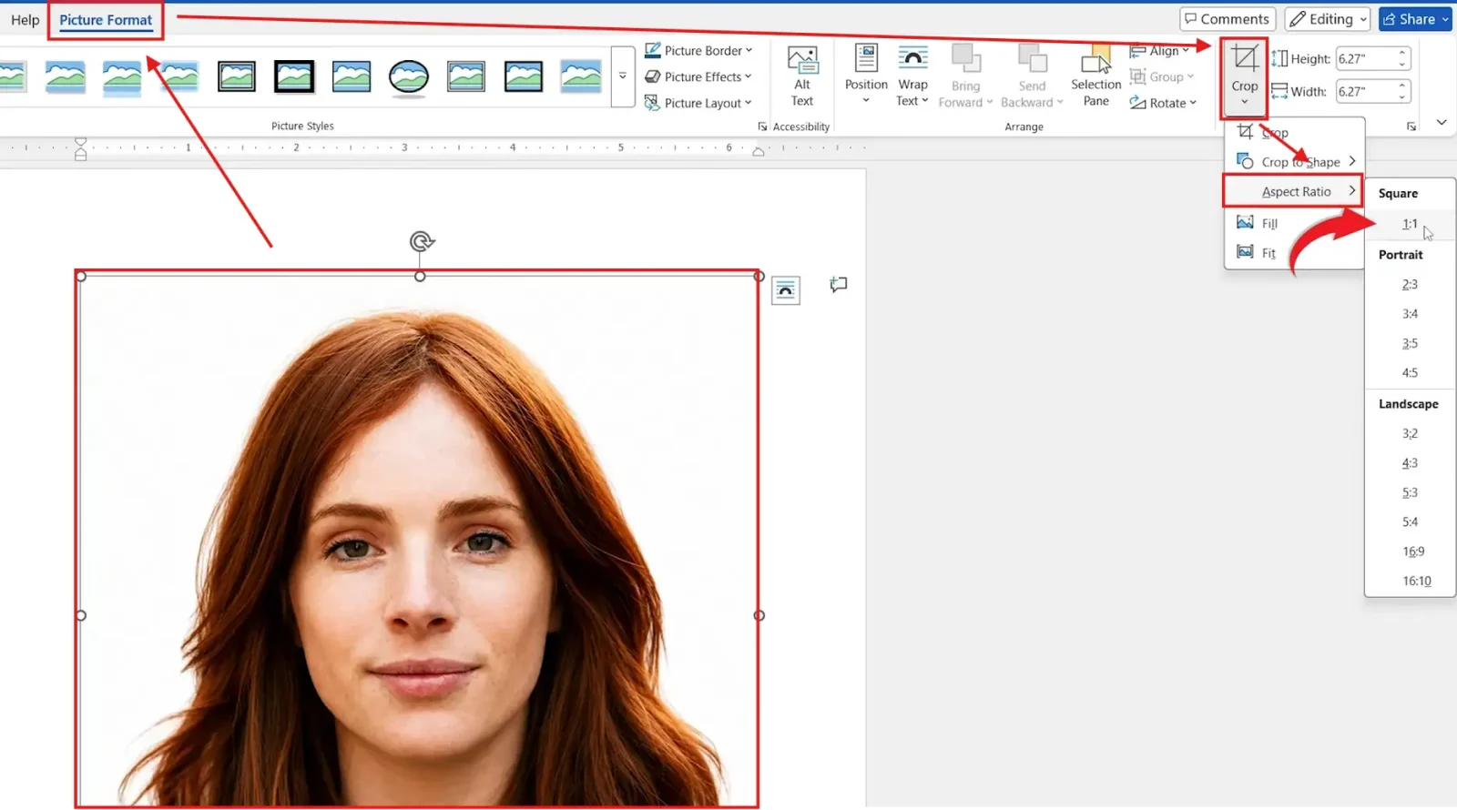 Microsoft Word Picture Format tab showing Crop Aspect Ratio set to 1:1 square for ID photos