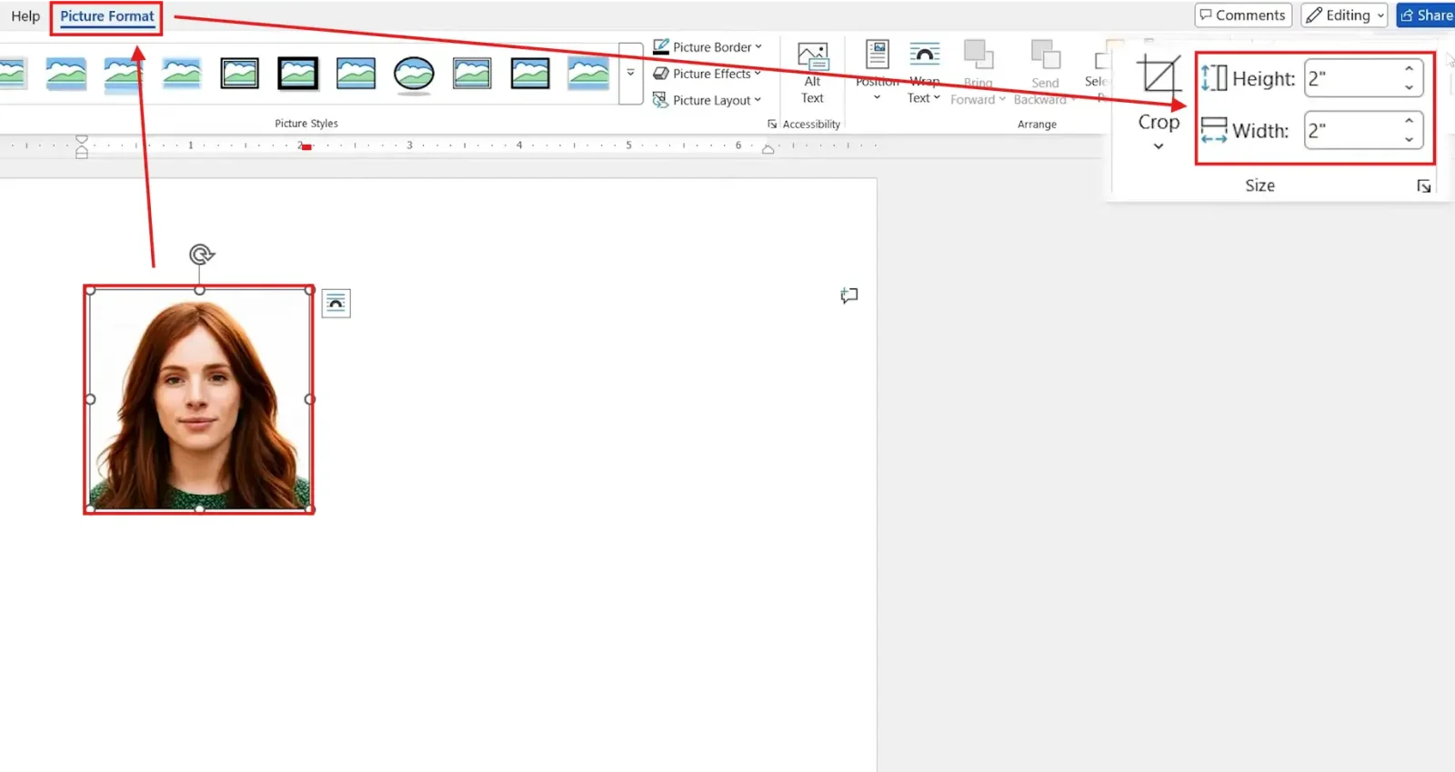 Microsoft Word Picture Format tab showing the height field set to 2 inches to make a 2x2 picture