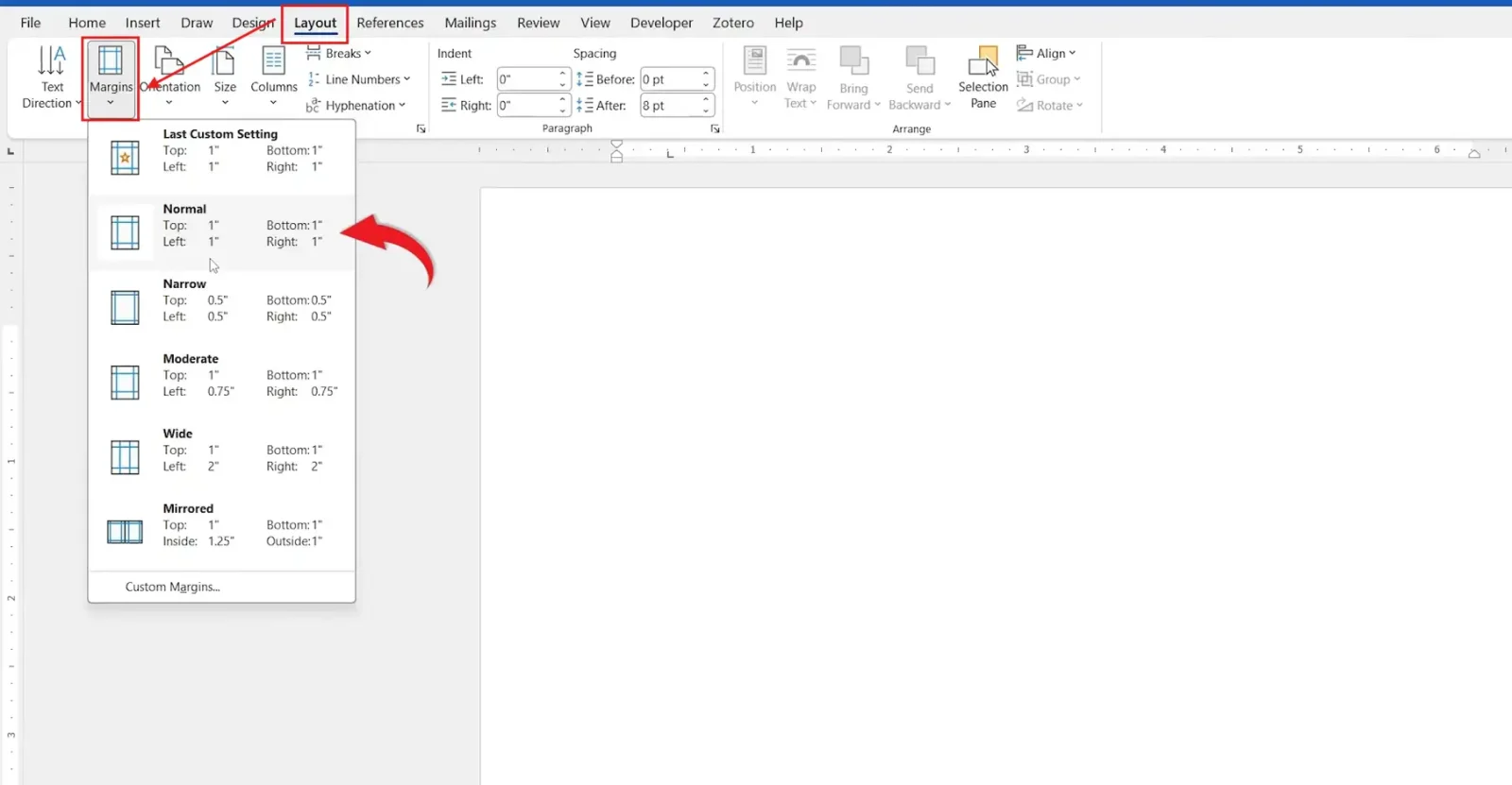 Microsoft Word Layout tab with the Margins menu open showing presets such as Normal, Narrow, Moderate, and Wide.