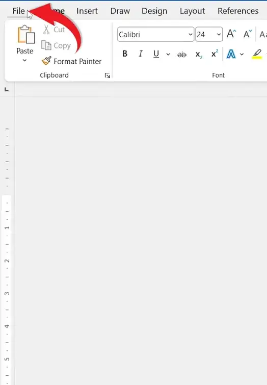 Microsoft Word ribbon with the File tab selected to begin the check spelling and grammar in Word process