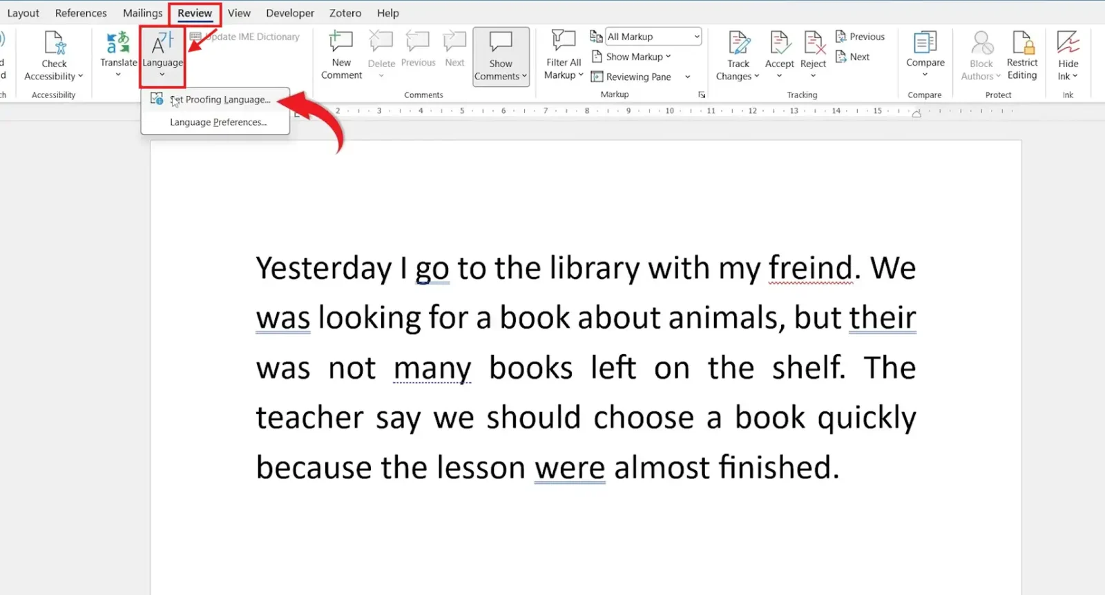 Microsoft Word Review tab with the Language menu and Set Proofing Language open to check spelling and grammar in Word