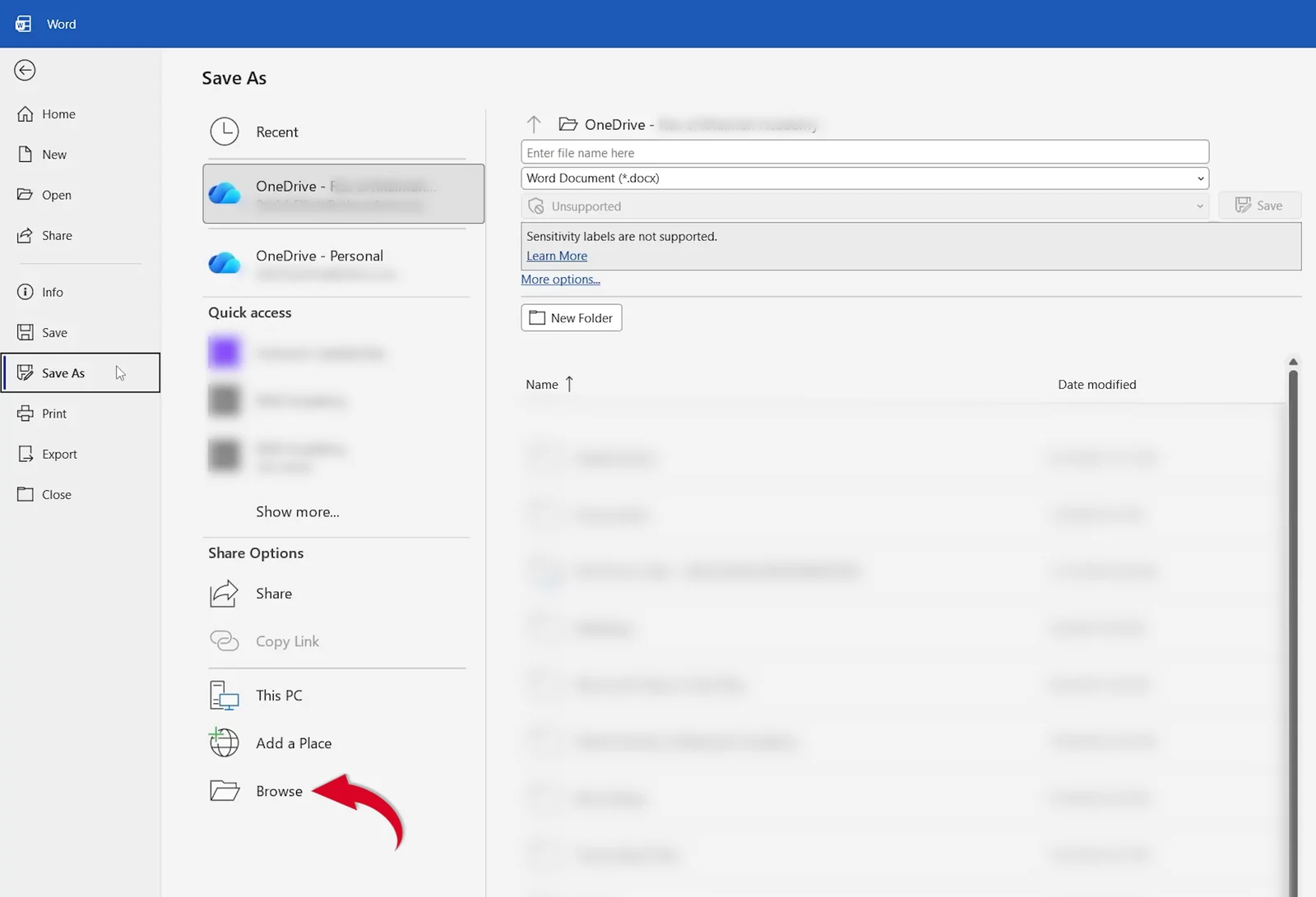 Word Save As screen with Browse selected to export a single page in Word