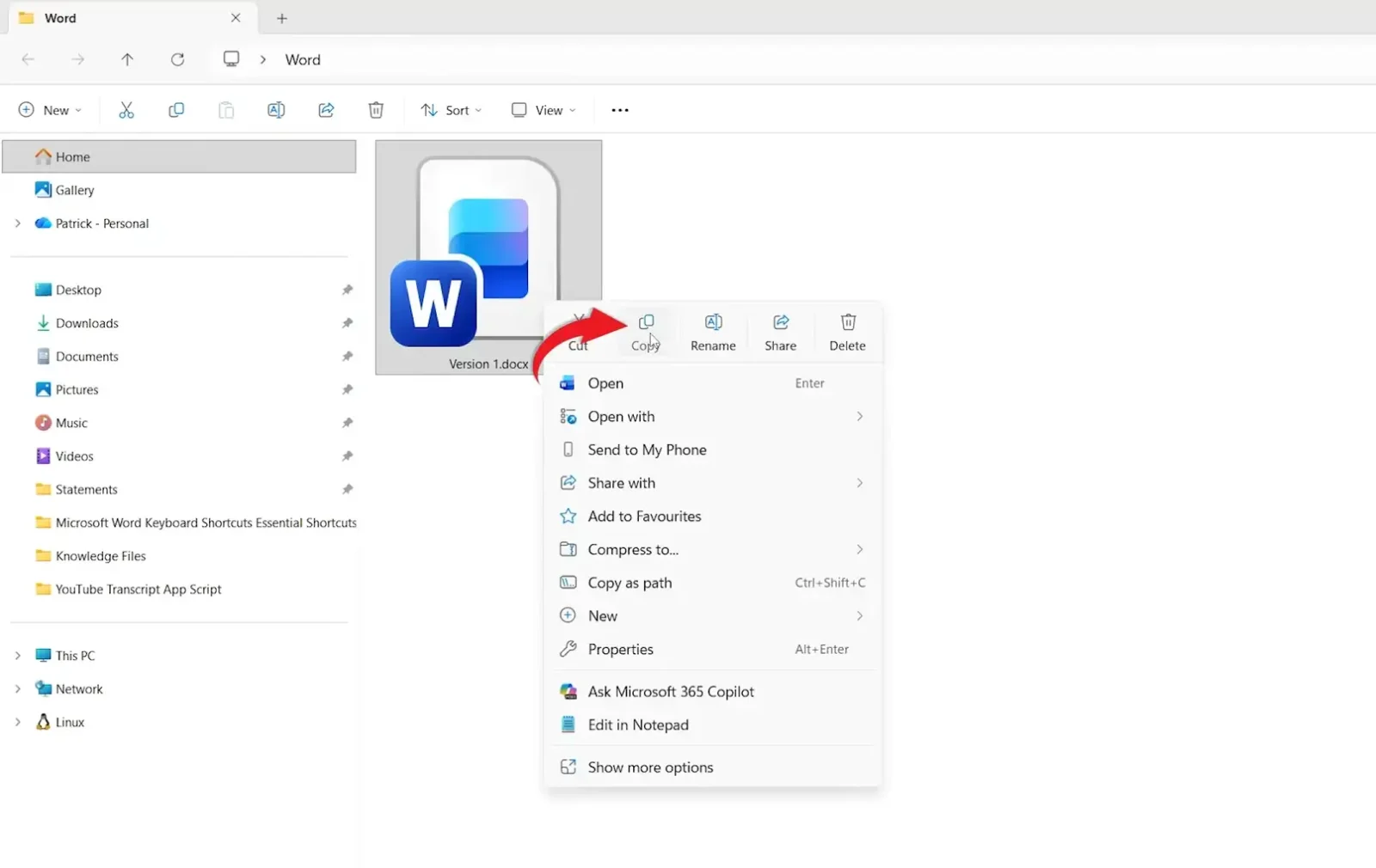 Windows 11 File Explorer showing the right-click context menu with the Copy option selected for a Microsoft Word document.
