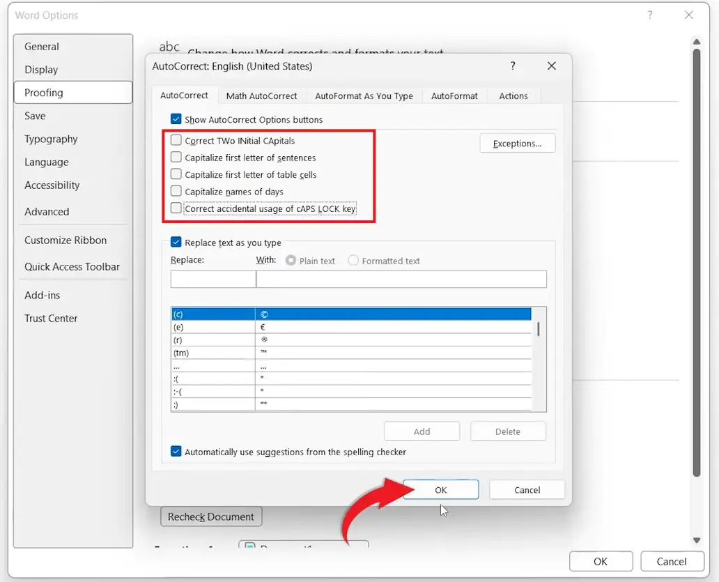Microsoft Word AutoCorrect settings window showing checkboxes to disable automatic capitalization and text correction features.