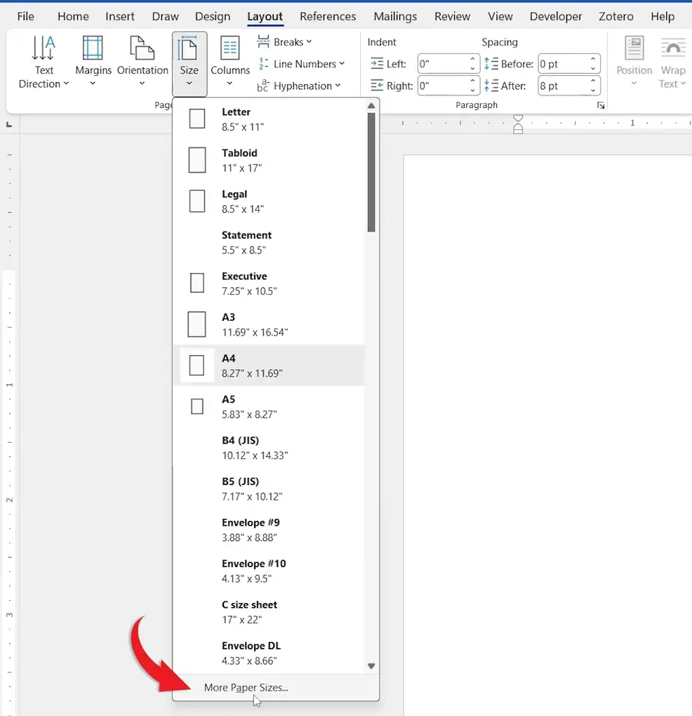 Microsoft Word Layout tab showing the Paper Size menu and More Paper Sizes option highlighted with a red arrow