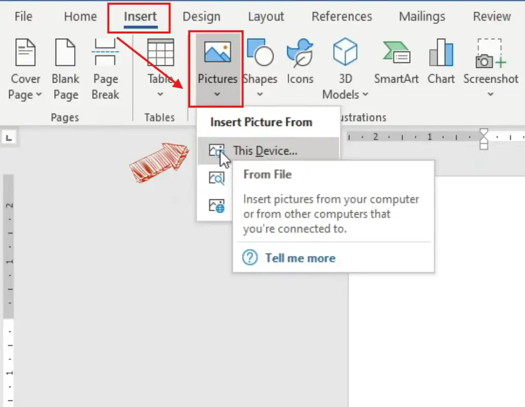 Word Insert tab showing Pictures and This Device for adding an image