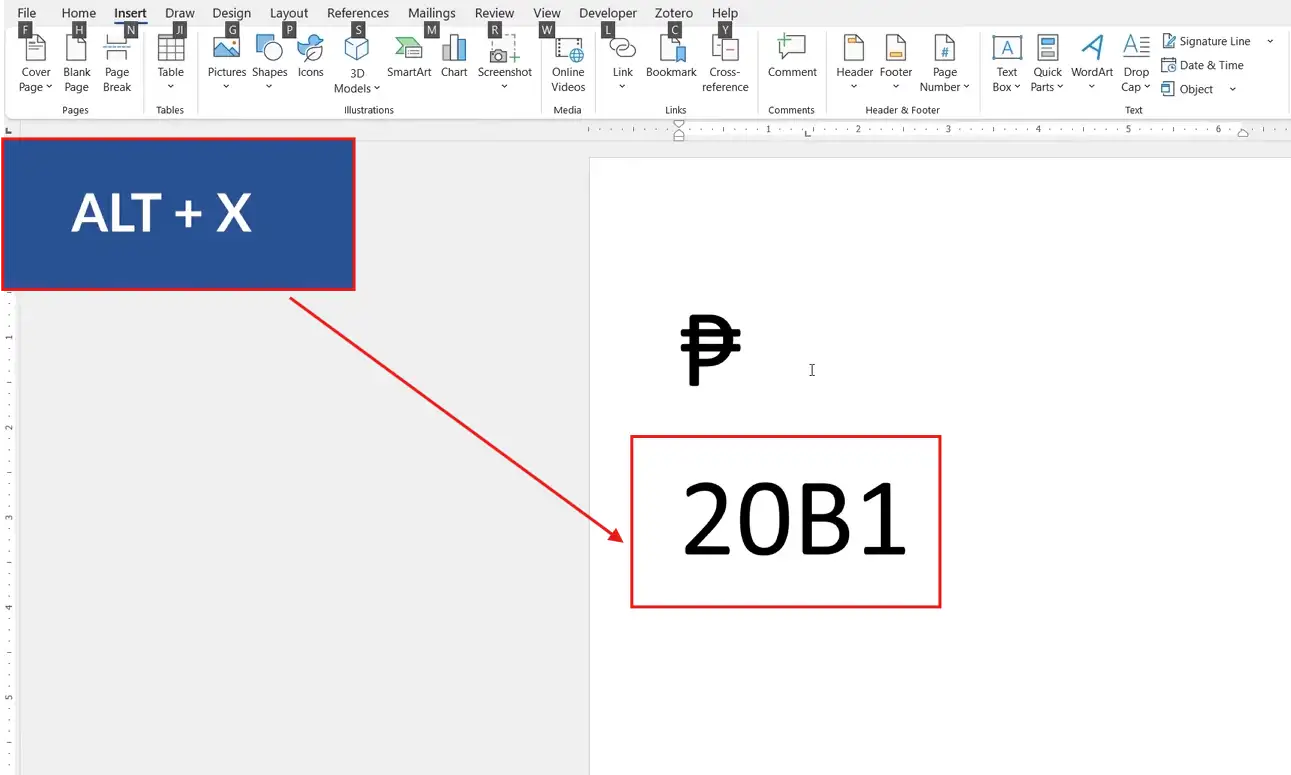 Word document showing 20B1 conversion with Alt X to insert peso sign in Word