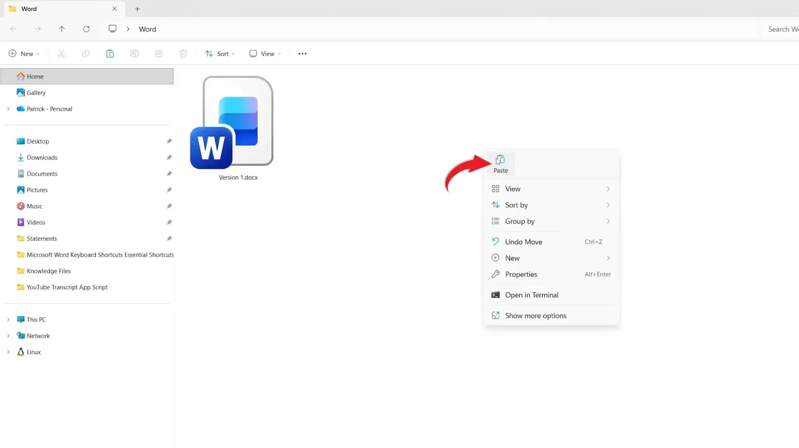 Windows 11 File Explorer showing how to make a copy of a Microsoft Word document using the right-click context menu and Paste option.