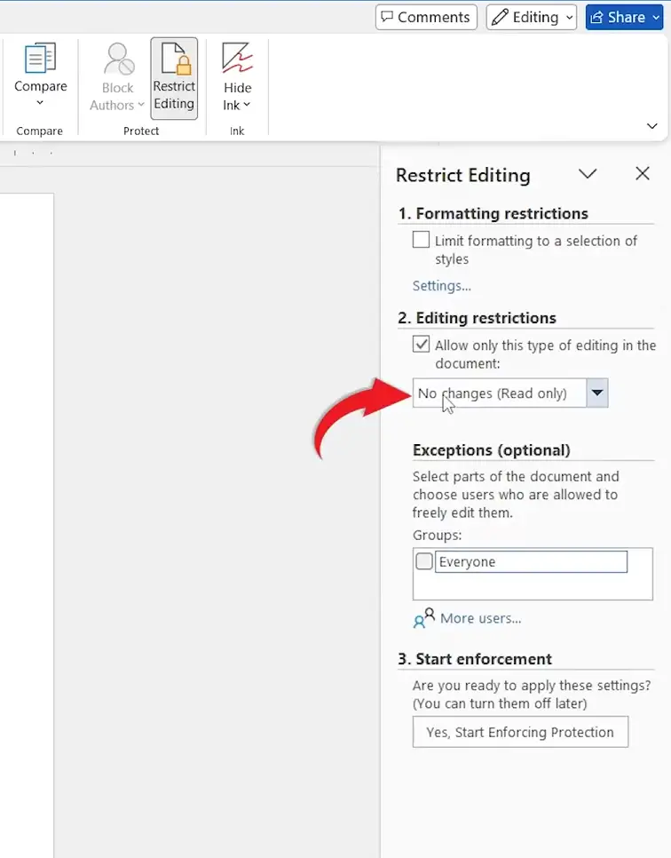 Word Restrict Editing pane showing No changes Read only selected for document protection