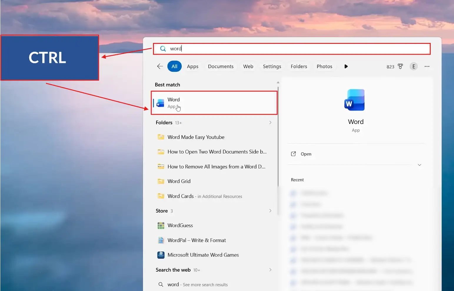Windows Search showing Microsoft Word as the best match with a Ctrl key callout for safe mode