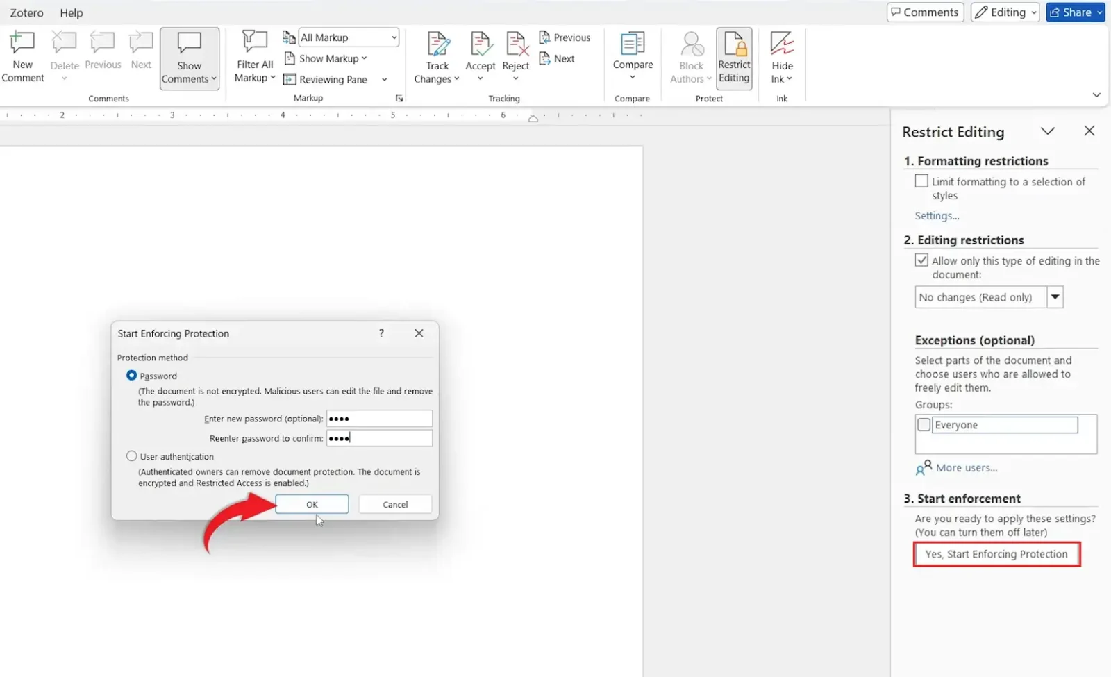 Word Start Enforcing Protection dialog showing how to make a document read only in Word with a password