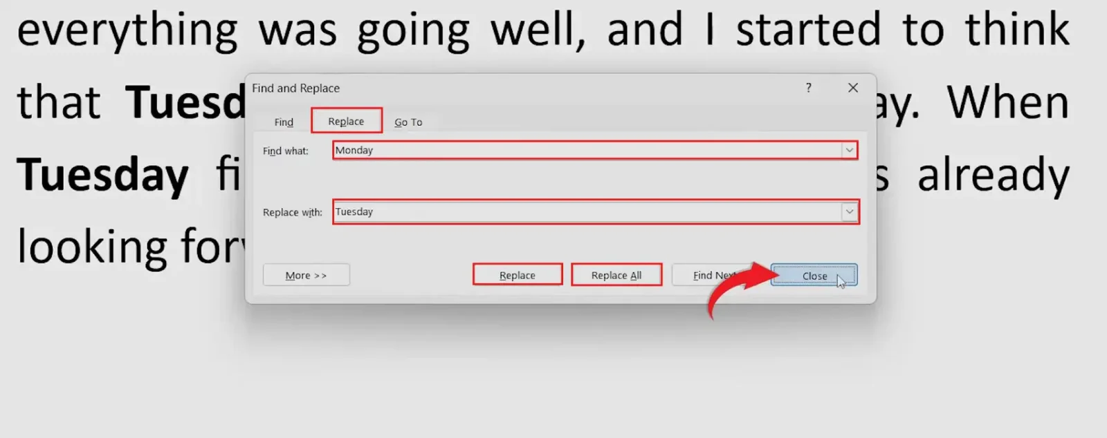 Microsoft Word Find and Replace dialog with Find what and Replace with completed and Replace All selected