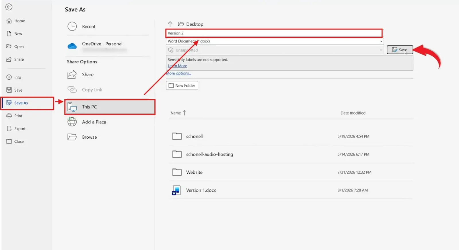 Screenshot of Microsoft Word Save As window showing the Save As option, This PC location, new file name field, and Save button to create a copy of a Word document.