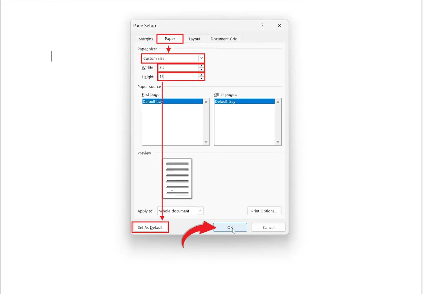 Microsoft Word Page Setup dialog showing custom paper size with width and height settings and Set As Default option