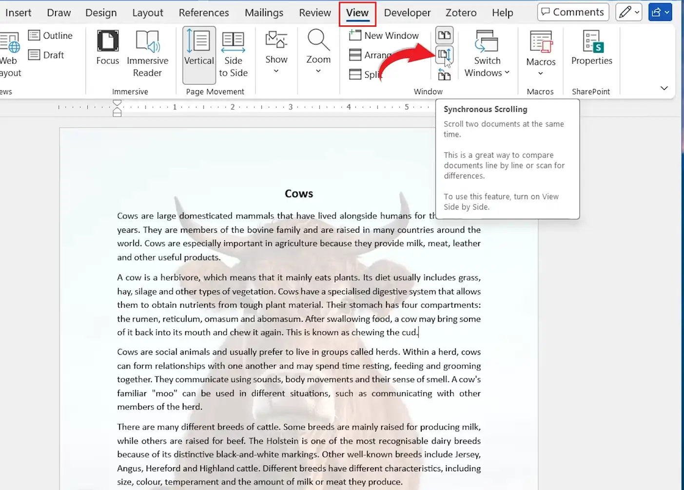 Microsoft Word View tab showing the Synchronous Scrolling button used to unlink two document panes