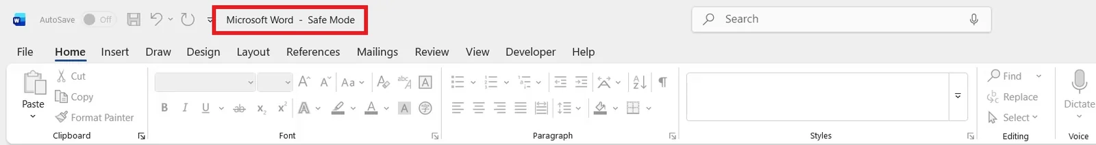 Word title bar showing Safe Mode, confirming you managed to open Word in safe mode