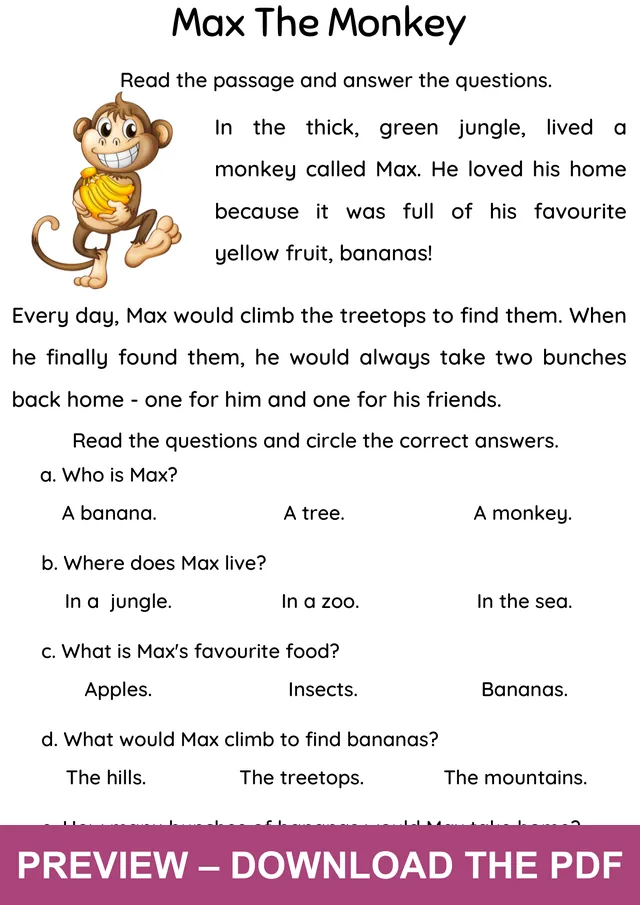 Watermarked preview of the Max the Monkey reading comprehension worksheet