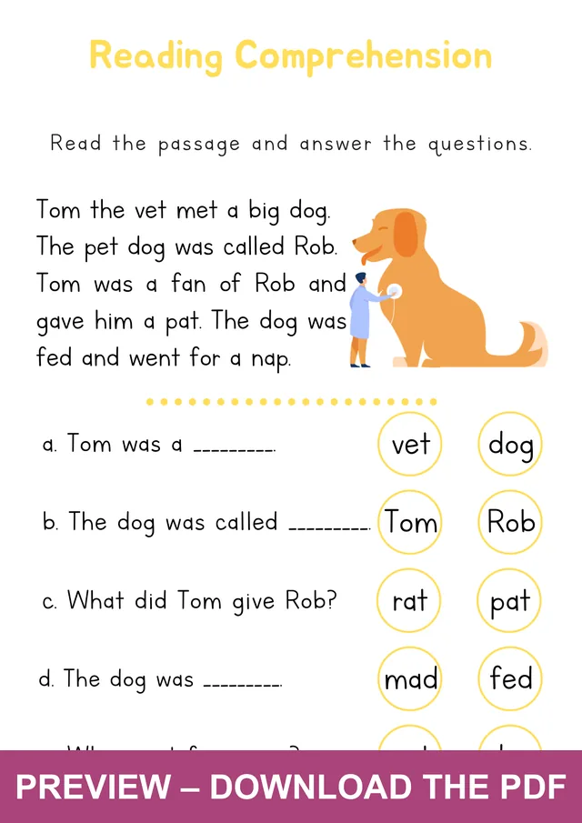 Watermarked preview of the Tom and Rob reading comprehension worksheet
