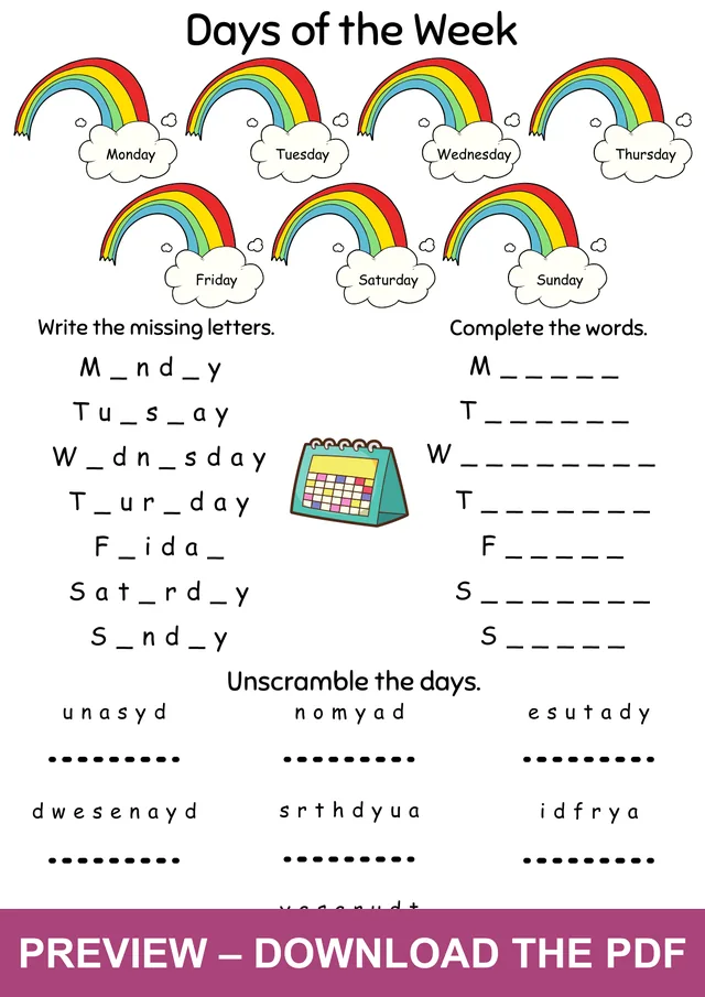 Watermarked preview of the days of the week worksheet