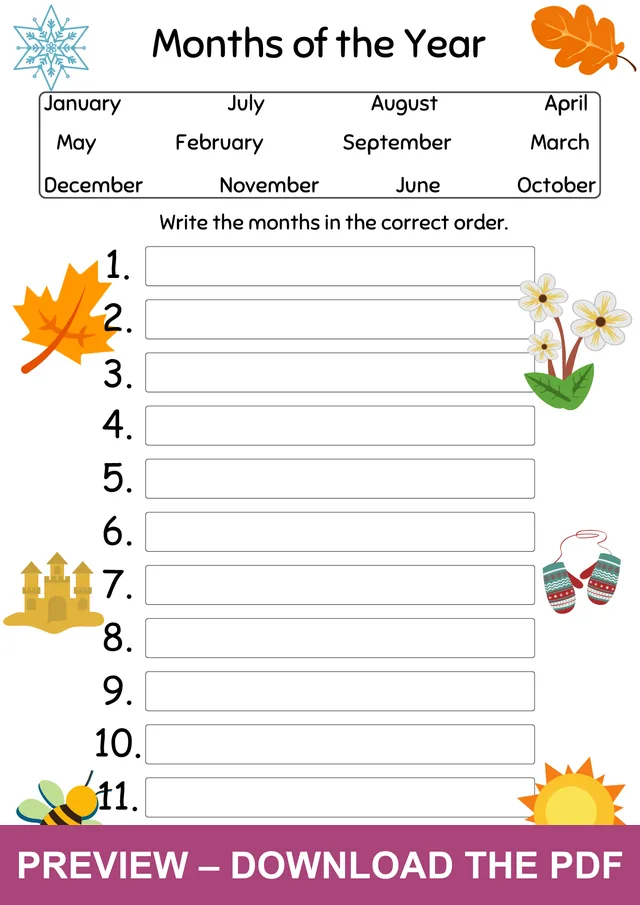 Watermarked preview of the months of the year worksheet