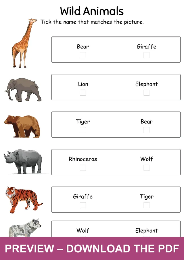 Watermarked preview of the wild animals worksheet