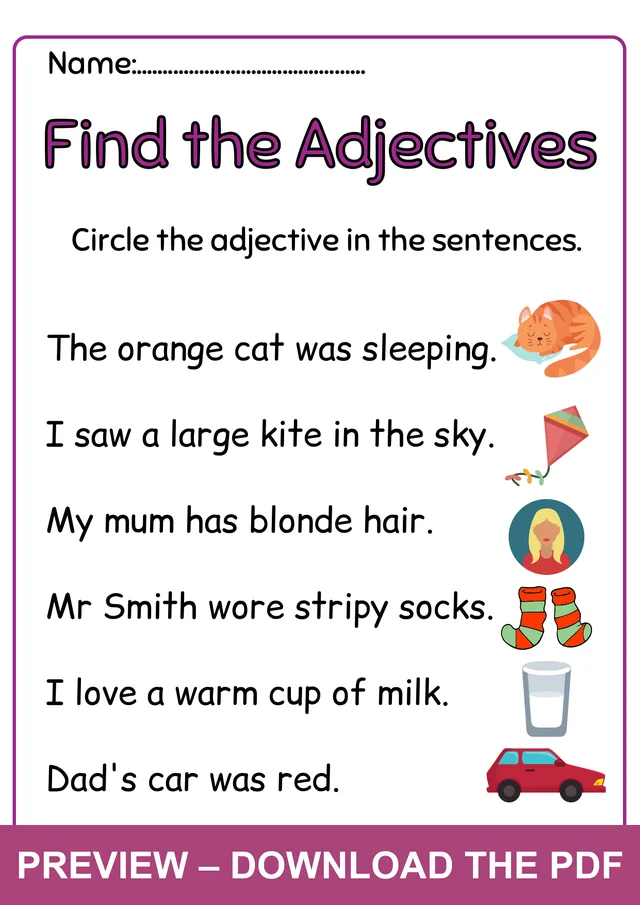 Watermarked preview of the adjectives worksheet