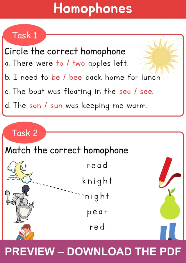 Watermarked preview of the homophones worksheet